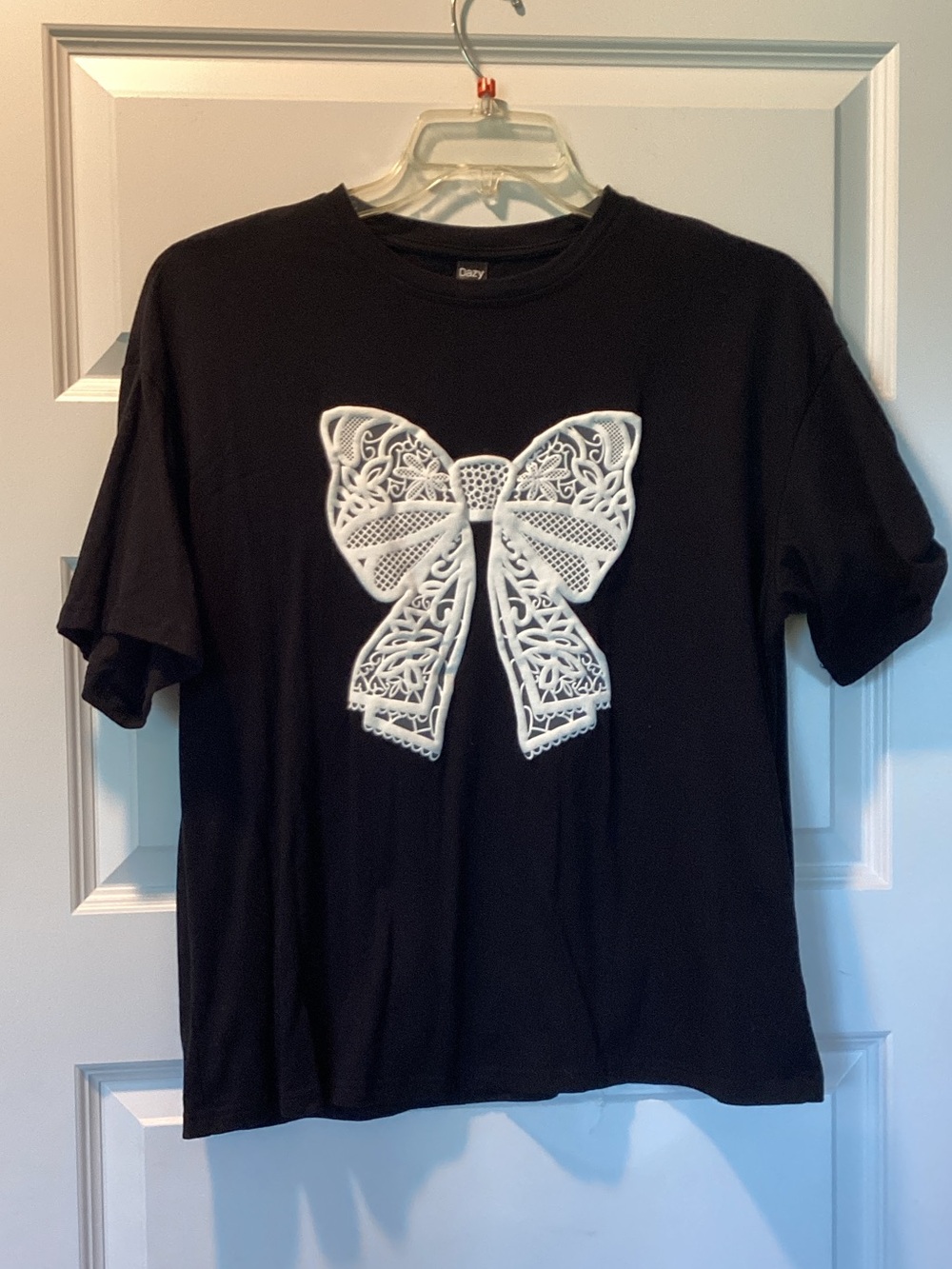 Black Short Sleeve Tee with White Lace Bow